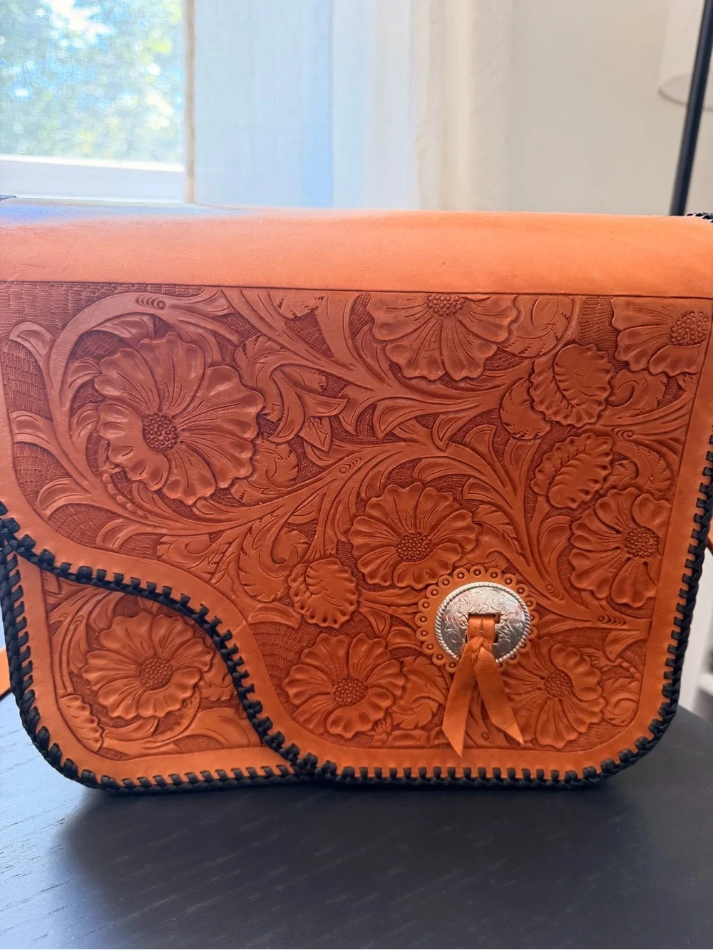 Nic + Maude Hand-Tooled Floral Tan Leather Crossbody Bag with Concho Accent - Picture 4 of 7